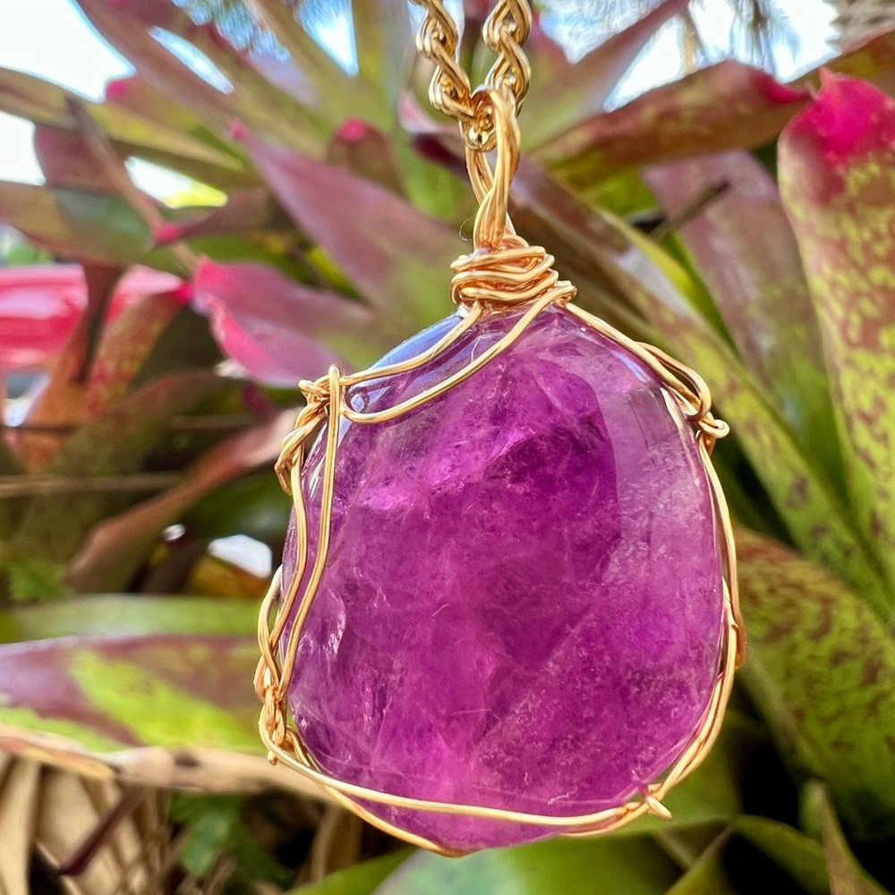 ✨ Deep Purple Fluorite Necklace • Gold Wrapped • 24" Chain ✨ - Picture 10 of 16